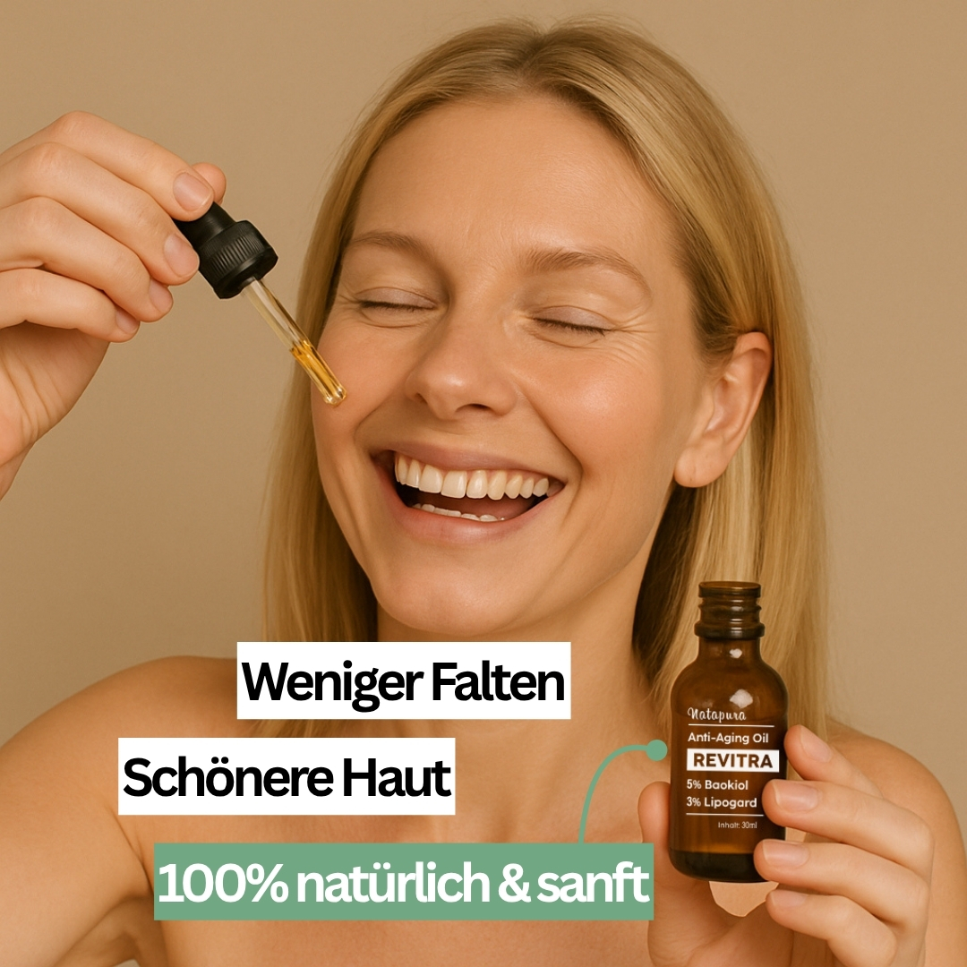 Smiling woman applying oil from a dropper bottle to her face.