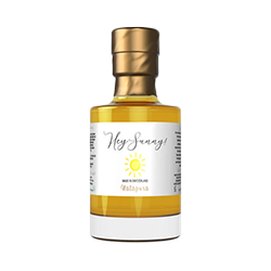 Small bottle with a gold cap and a label featuring a sun illustration.
