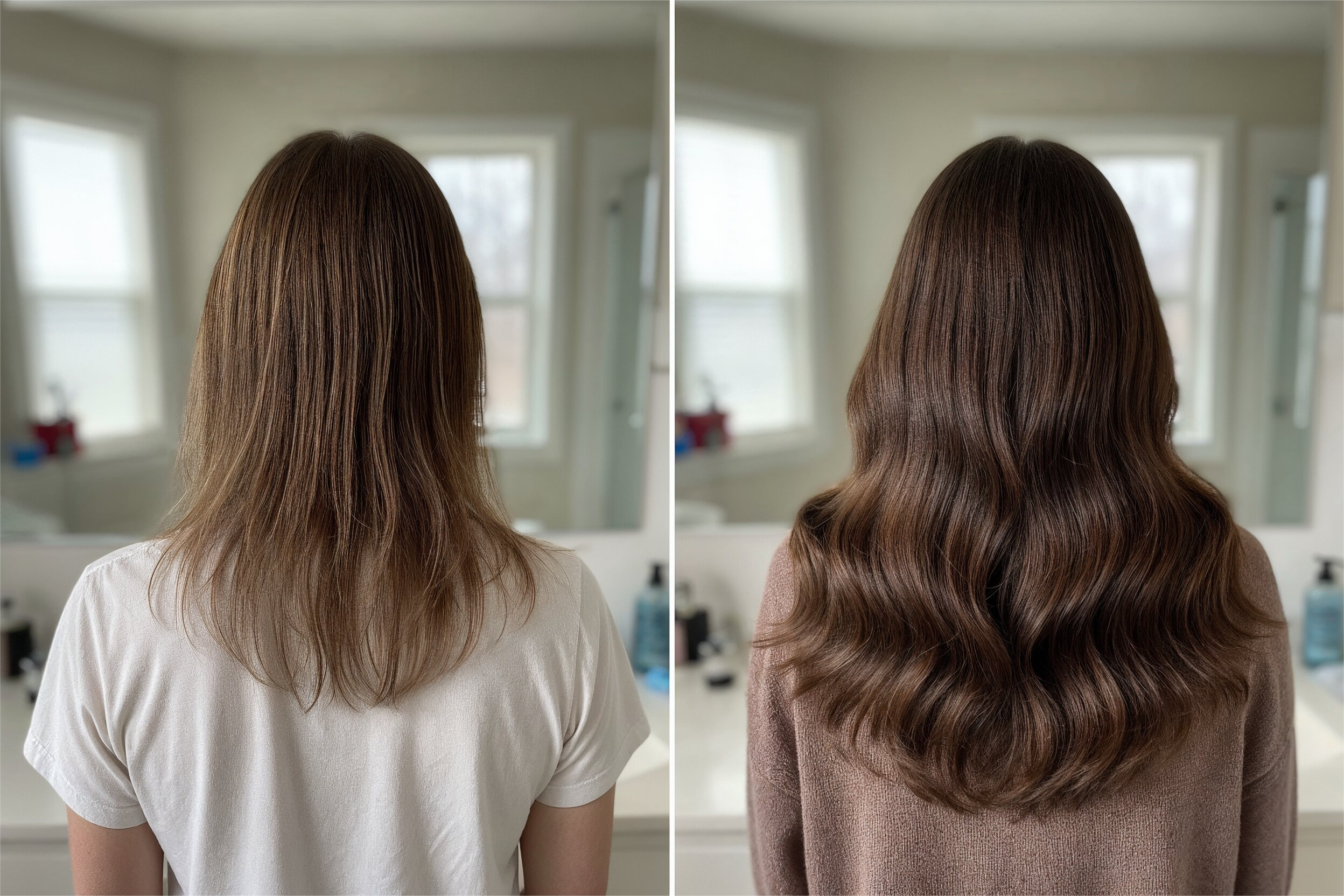 Before and after hair transformation, straight to wavy.