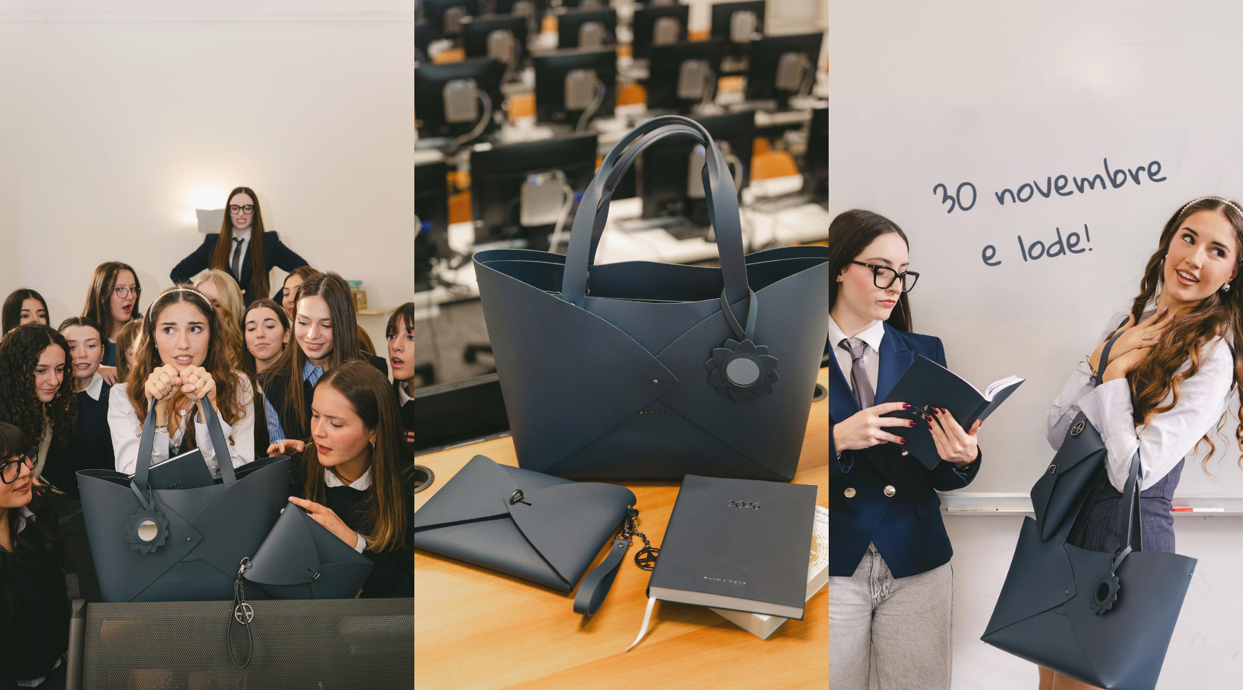 Collage of students with bags and a classroom setting.