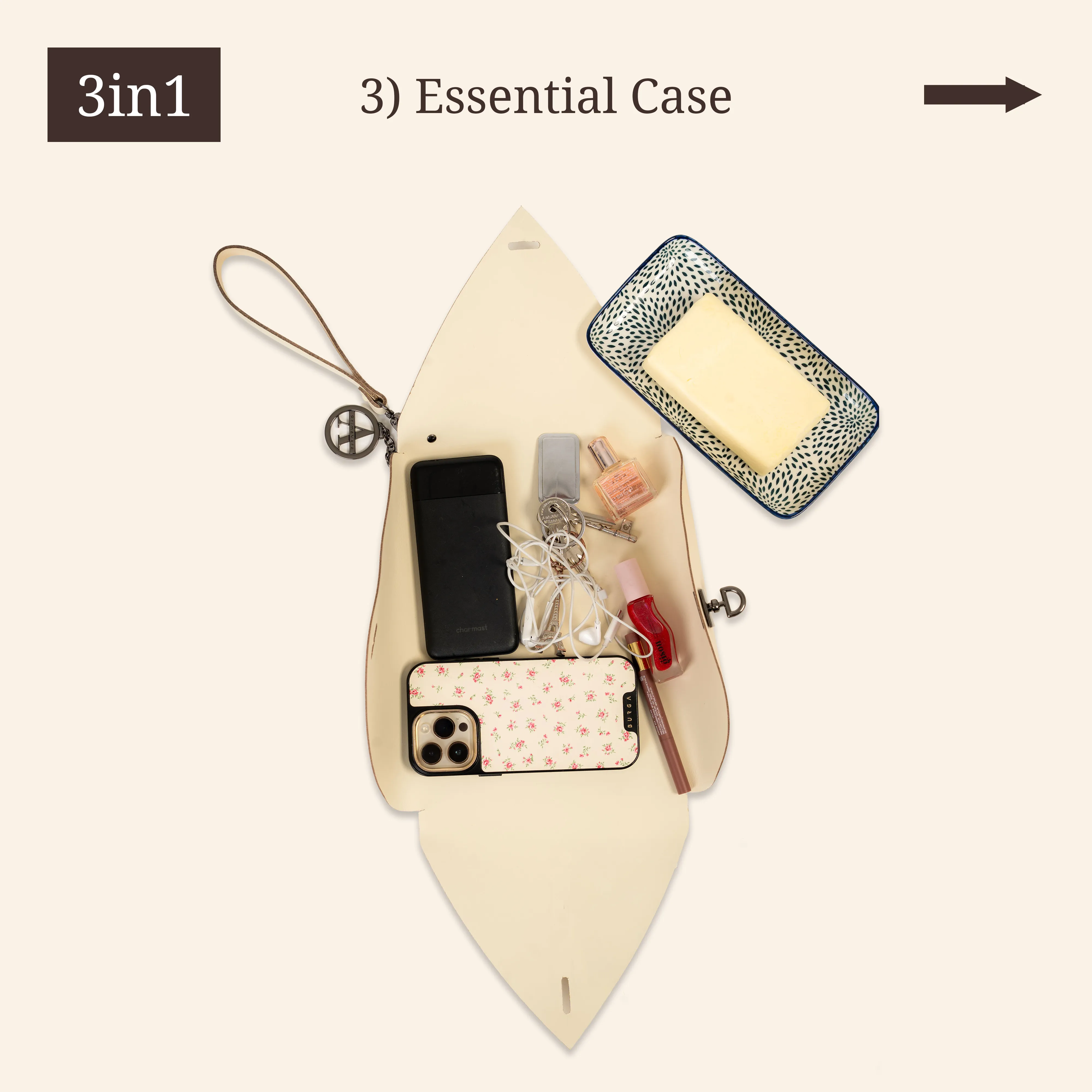 Open case with phone, lipstick, keys, and a dish with a block.