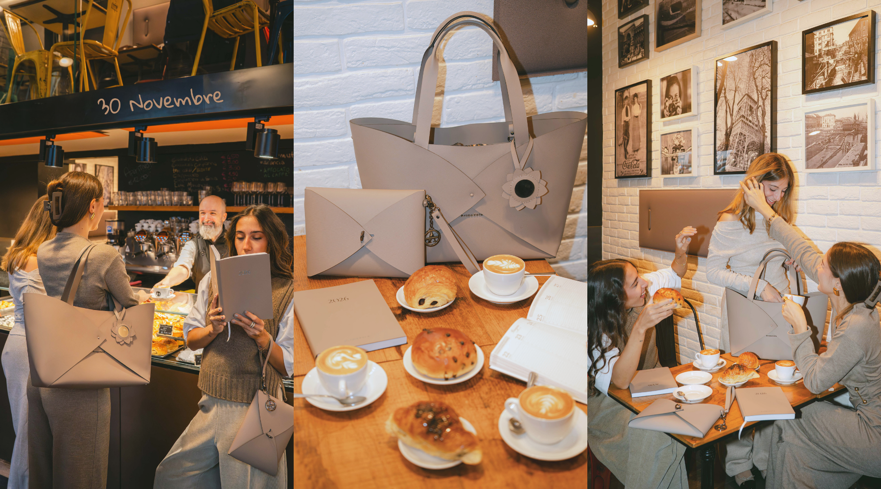 Three images: people in a café, a bag with coffee and pastries, friends sitting and laughing.