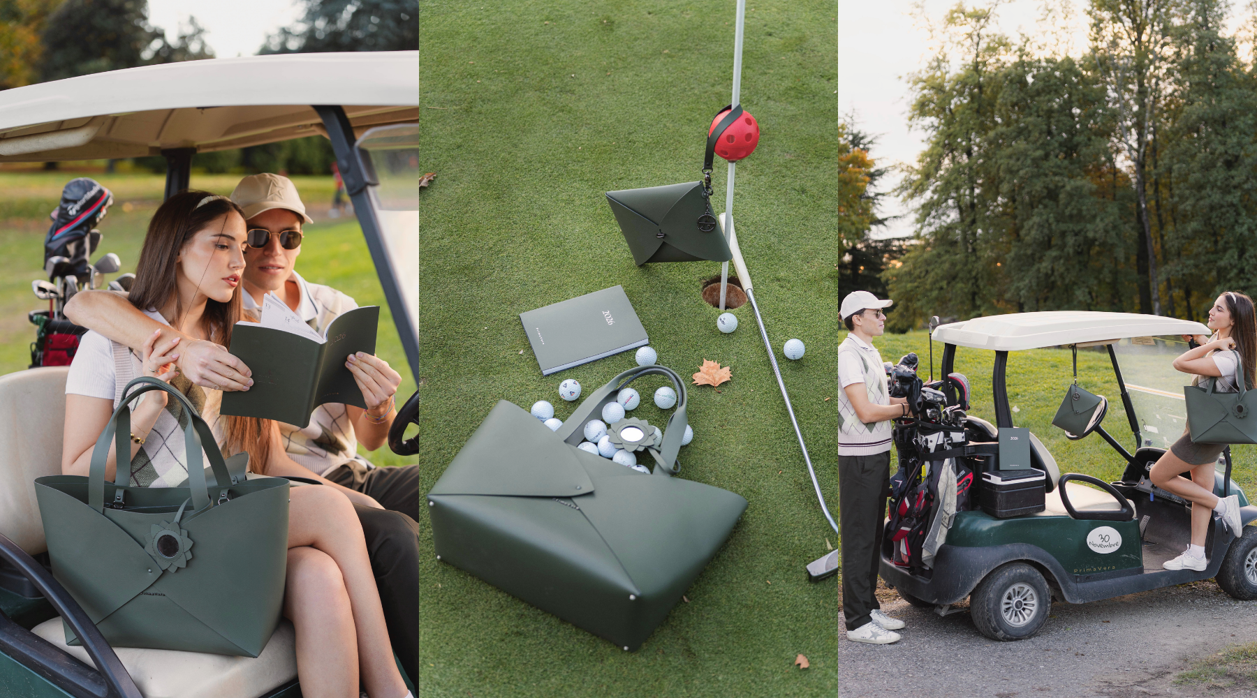 Three golf-themed images with people, golf carts, and accessories.