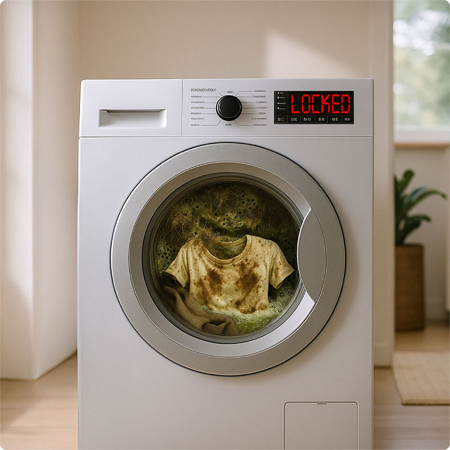 Washing machine with a dirty shirt and green suds inside, display says 'LOCKED'.