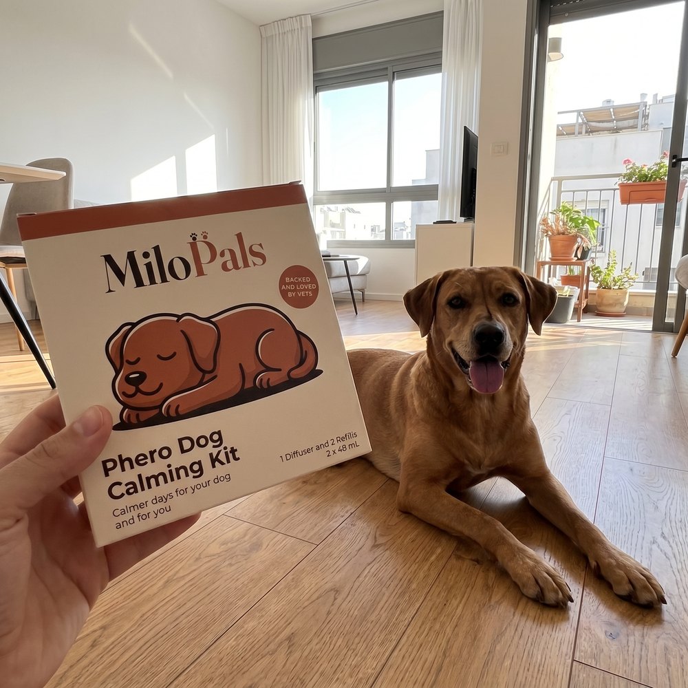 A hand holds a MiloPals dog calming kit box next to a brown dog lying on a wooden floor.