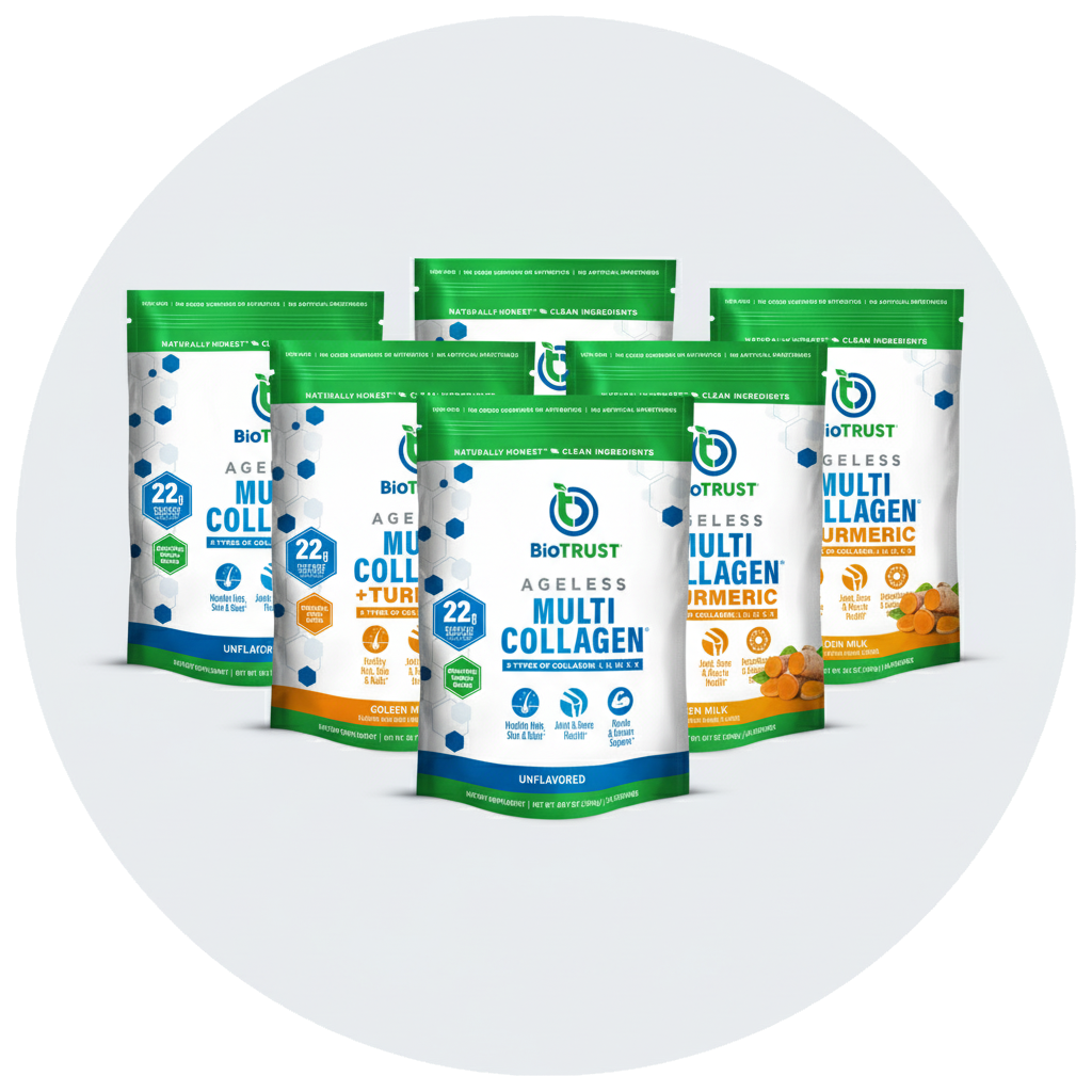 Several bags of BioTrust Ageless Multi Collagen products.