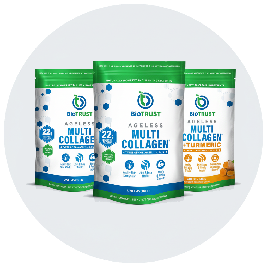 Three BioTRUST collagen supplement bags with green and orange accents.