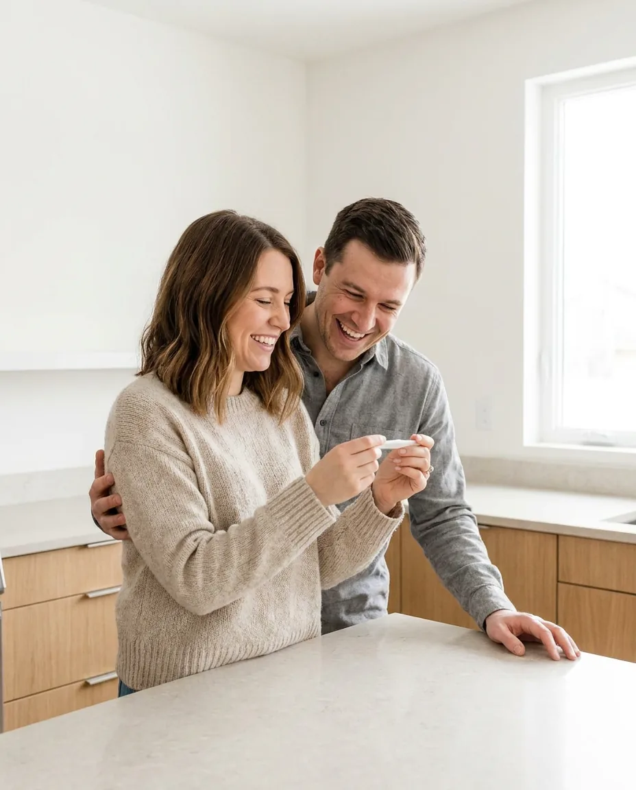 A smiling couple in a kitchen looks joyfully at a pregnancy test.