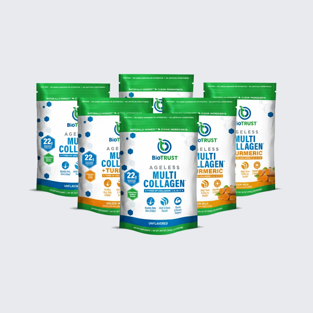 Multiple Biotrust Ageless Multi Collagen supplement bags, some with turmeric, on a light gray background.