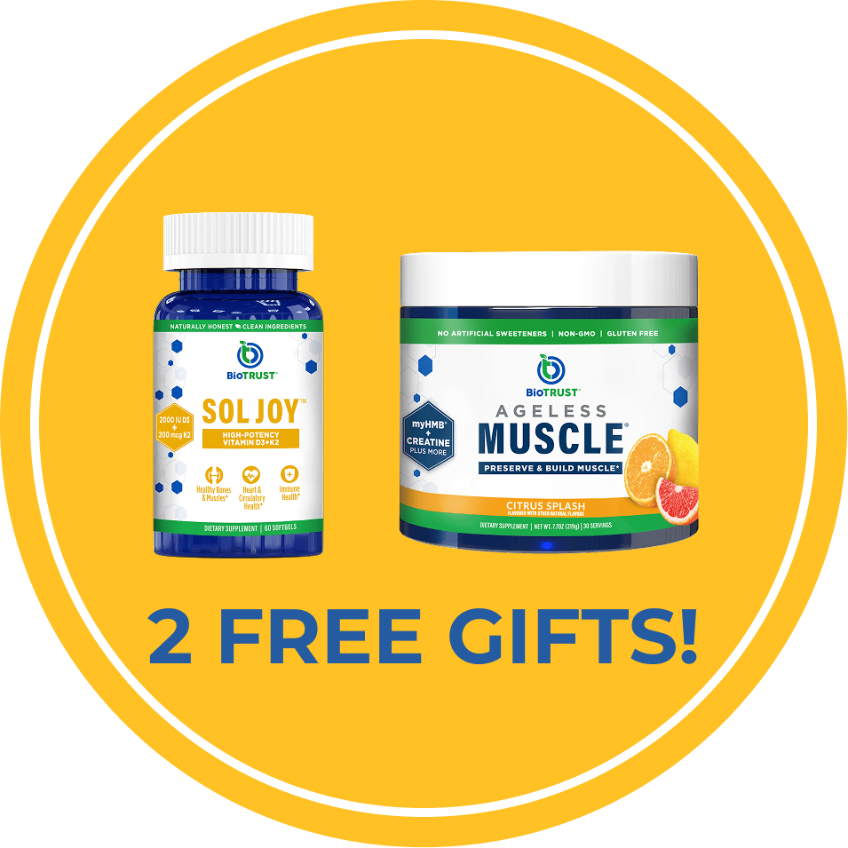 Two Biotrust supplement products with text '2 Free Gifts!' on a yellow background.