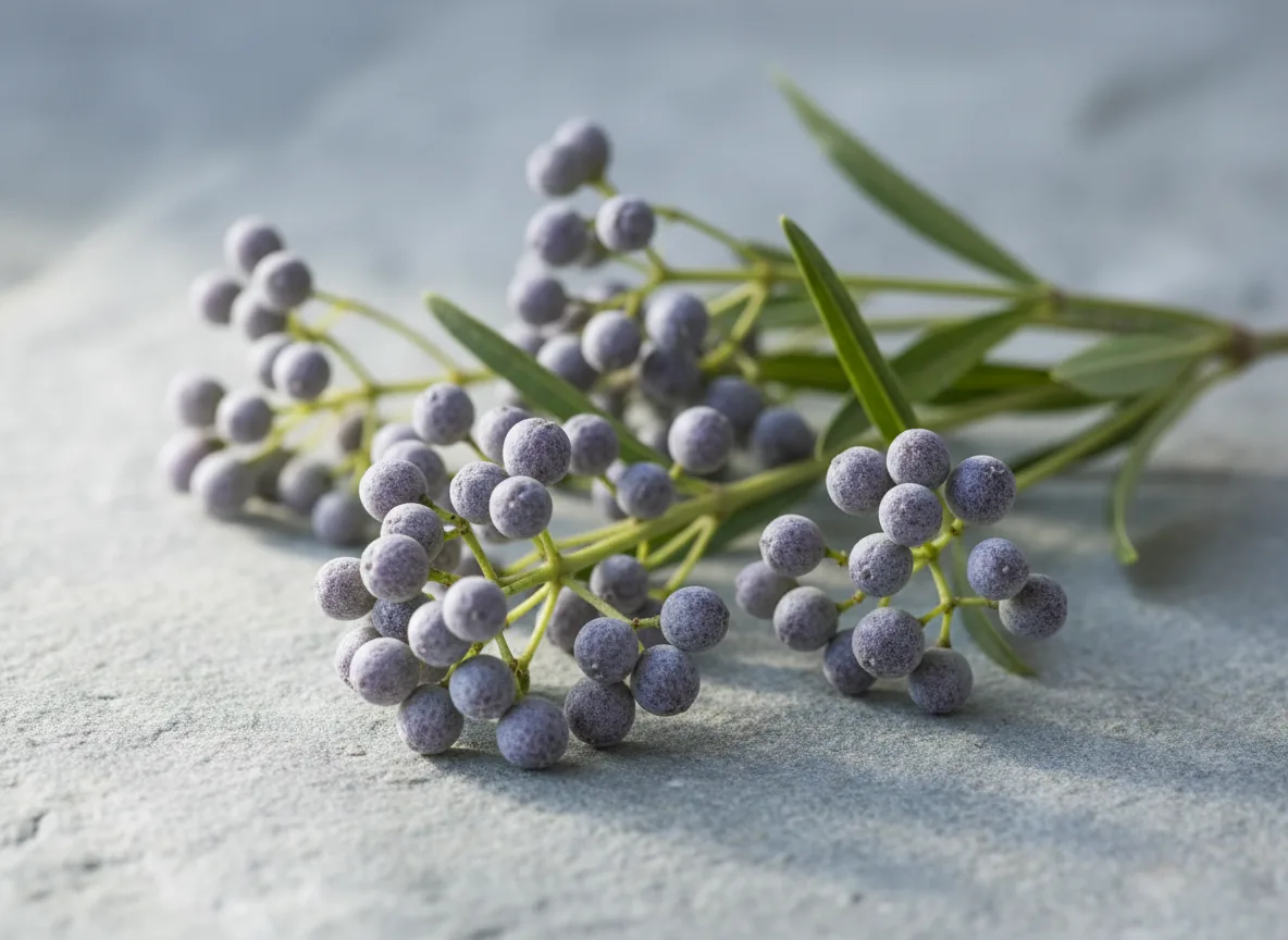 A close-up of a plant sprig with dusty purple berries and thin green leaves on a grey surface.