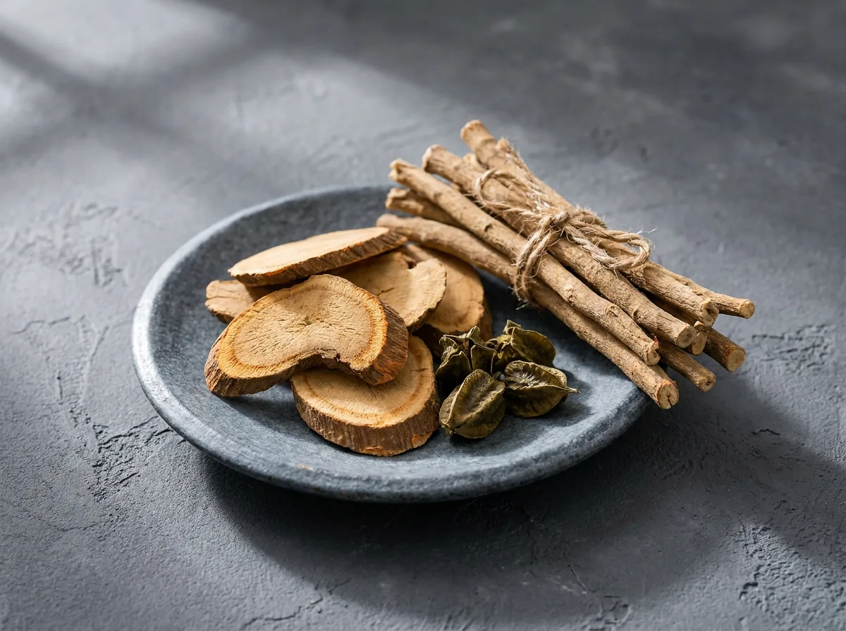 Sliced root, a bundle of sticks tied with twine, and dried pods on a grey plate.