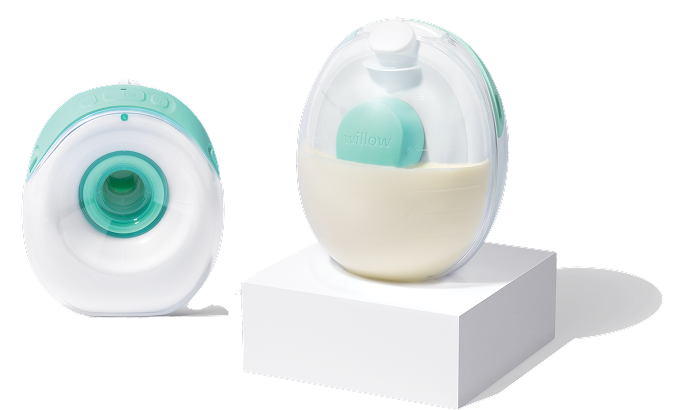 Two round devices with teal and white design, one filled with liquid.