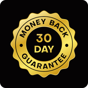 'Gold badge with '30 Day Money Back Guarantee' text on a black background.'
