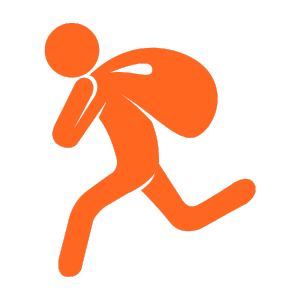 Orange stick figure carrying a sack on its back.