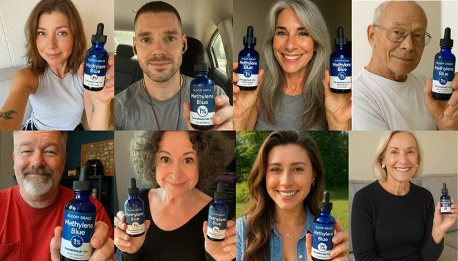 Collage of people holding bottles labeled 'Methylene Blue' with various expressions.