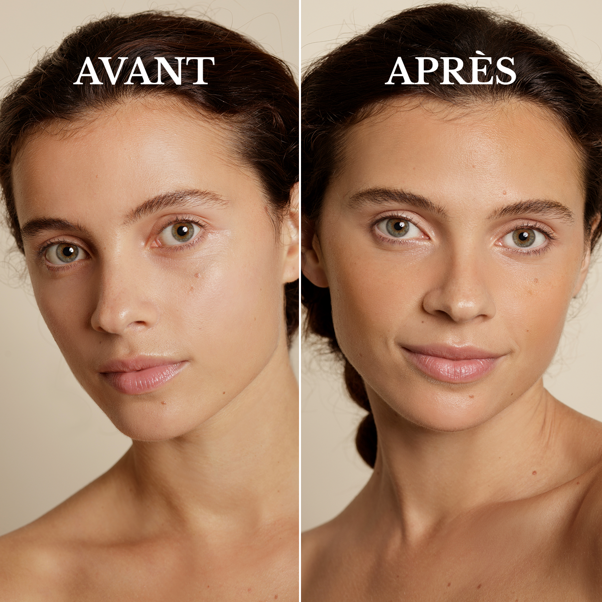 A before and after comparison showing a woman's skin becoming noticeably tanner.