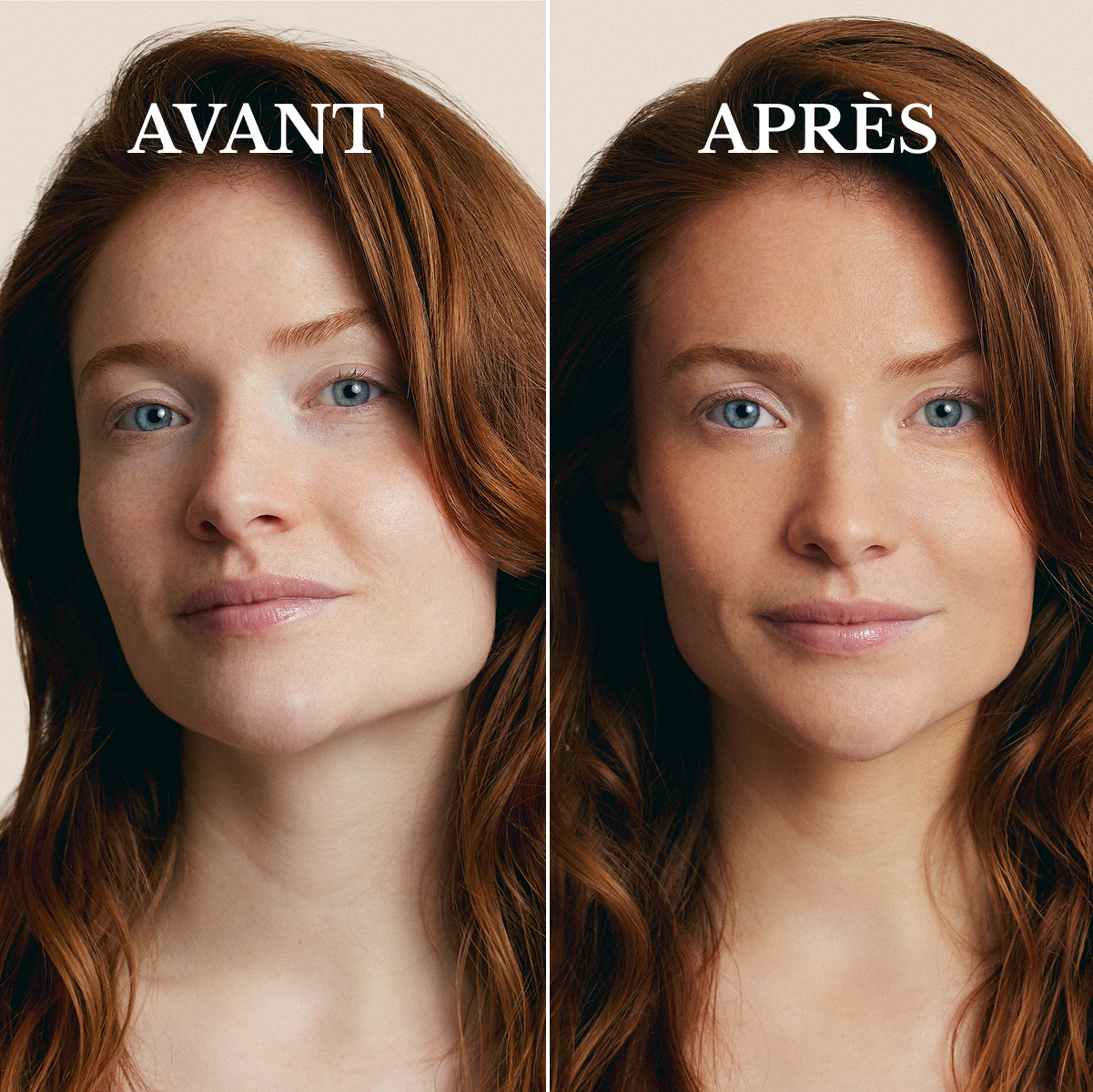 A before and after image showing a woman's face going from a pale to a tanned complexion.