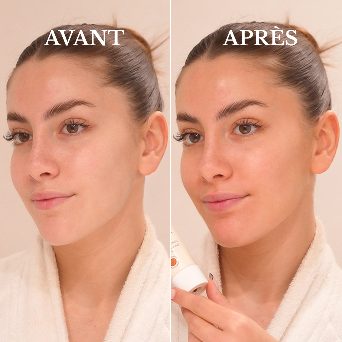 A before and after comparison showing a woman's face with a tanner complexion in the 'after' photo.