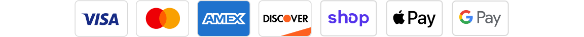 Logos for accepted payment methods: Visa, Mastercard, Amex, Discover, Shop Pay, Apple Pay, and Google Pay.