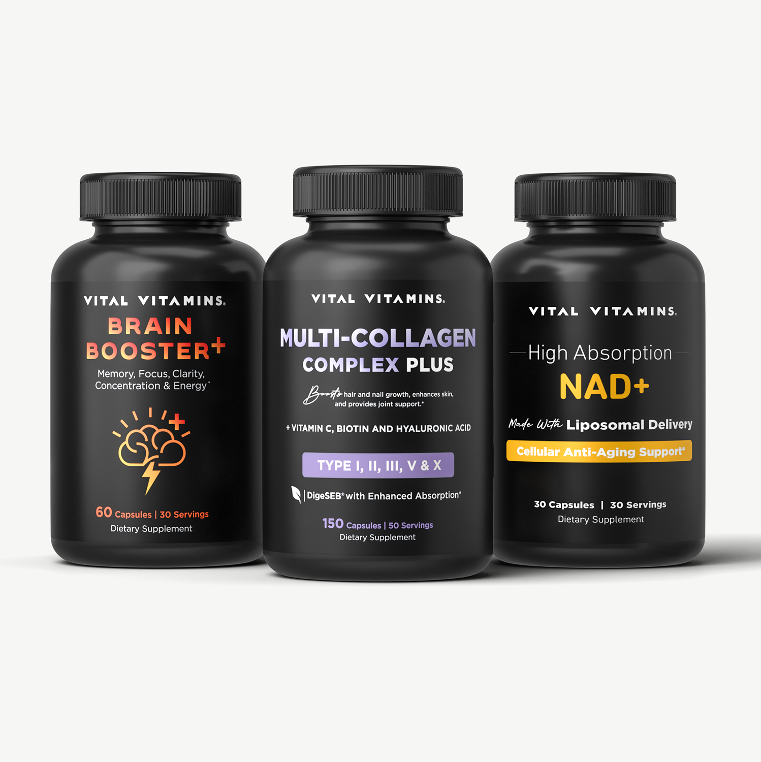 Three bottles of Vital Vitamins supplements: Brain Booster+, Multi-Collagen, and NAD+.