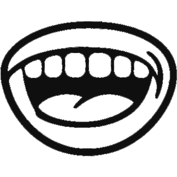 A stylized, black and white line drawing of a wide open mouth with teeth.
