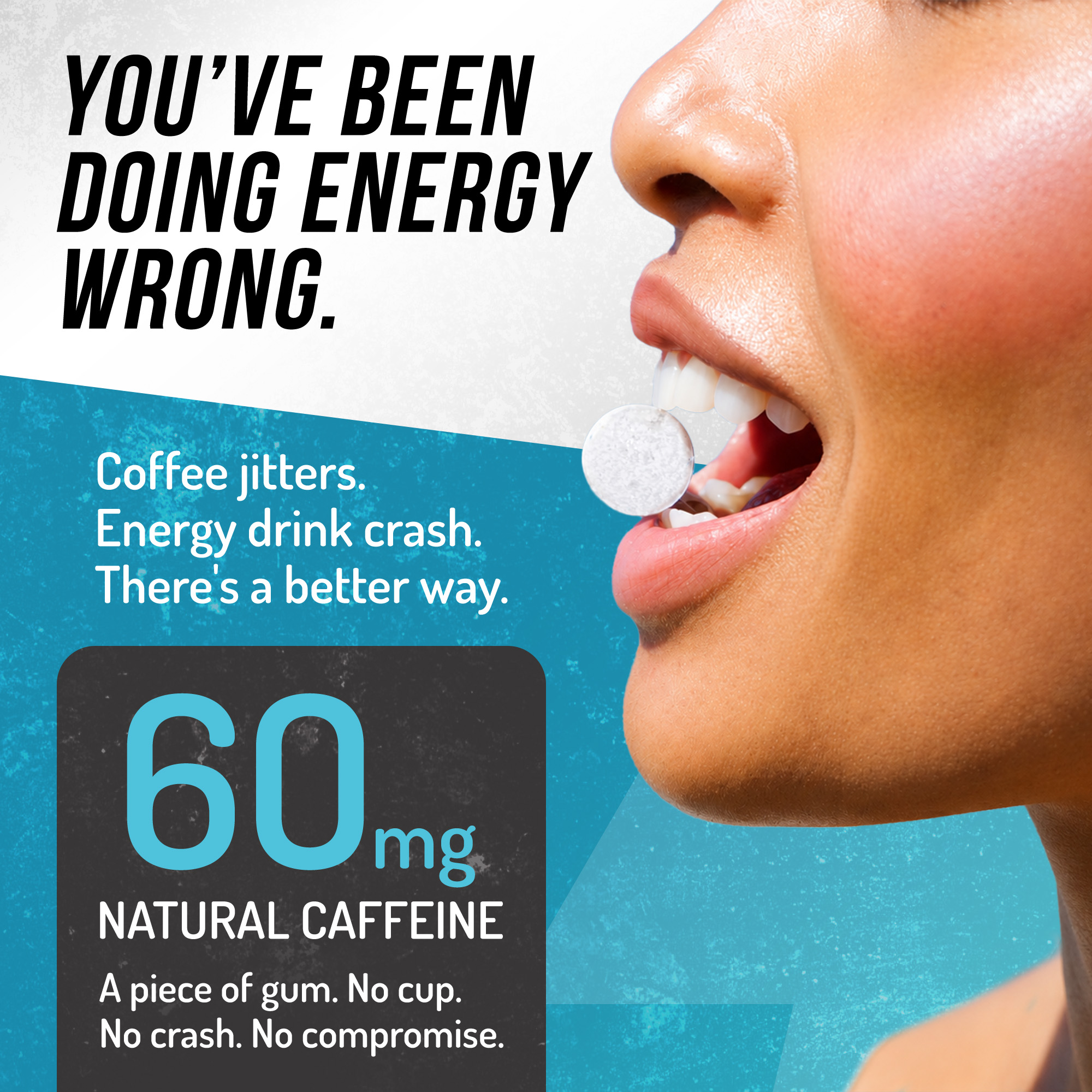 A close-up of a person putting a white tablet of energy gum into their mouth.