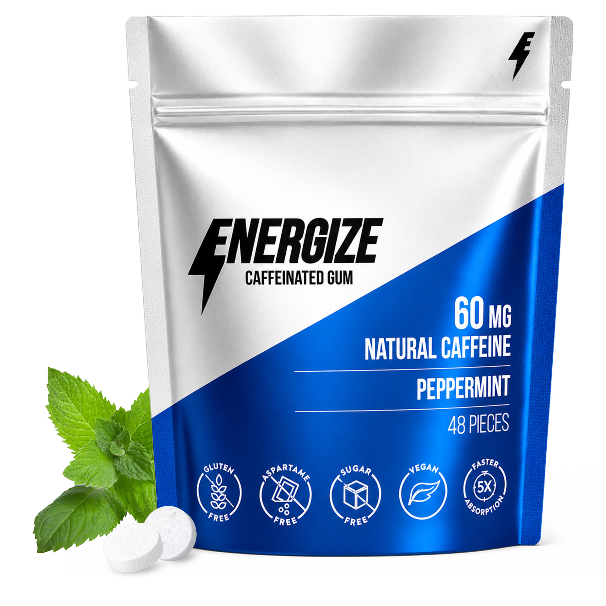 A pouch of Energize Peppermint Caffeinated Gum next to two gum pieces and a sprig of mint.