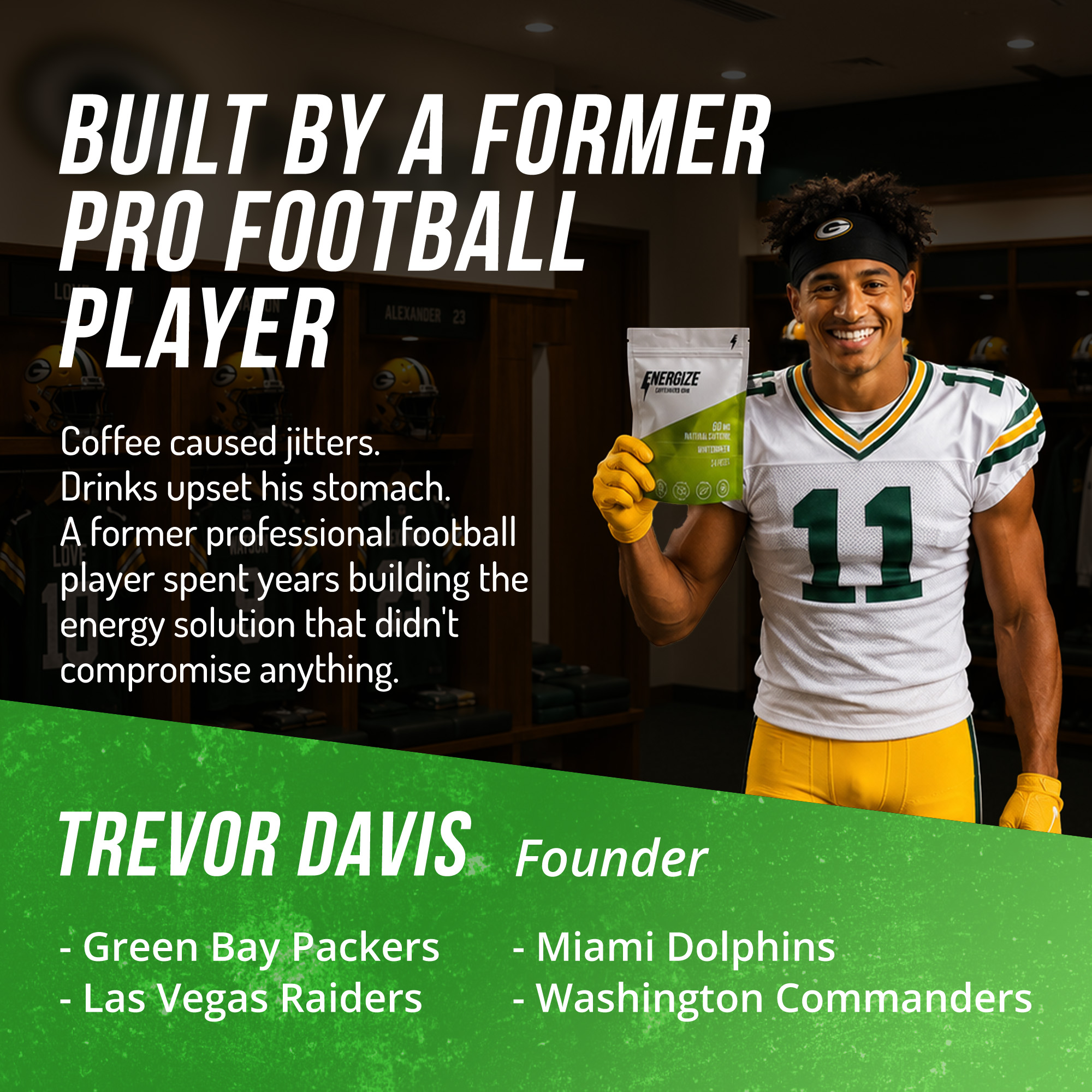 A smiling football player in a locker room holds a pouch of Energize supplement.