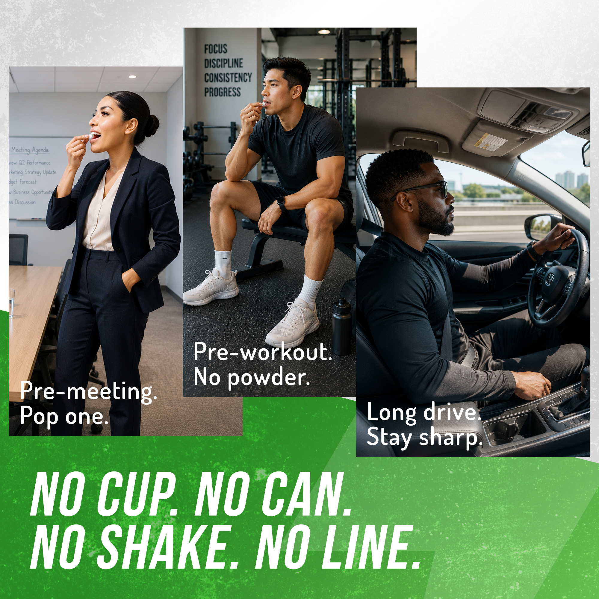 An advertisement showing a woman, a man at a gym, and a man driving, each taking a lozenge.