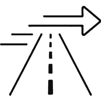 A line art icon of a road receding into the distance with a large arrow pointing right.
