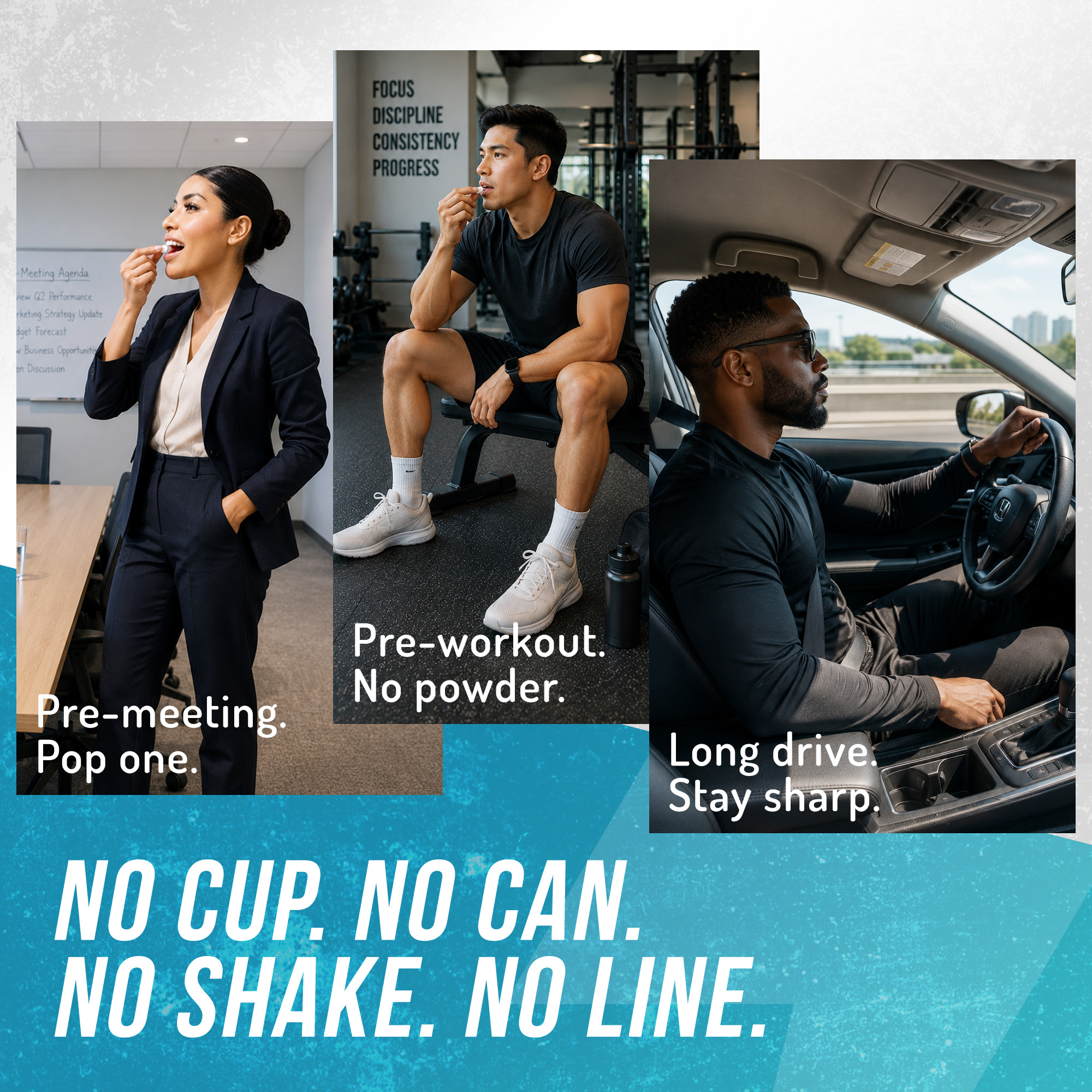 A collage of three people taking a small edible item before a meeting, a workout, and a drive.