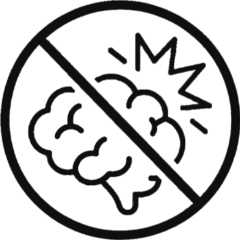 An icon of a brain with an impact graphic, crossed out with a diagonal line.