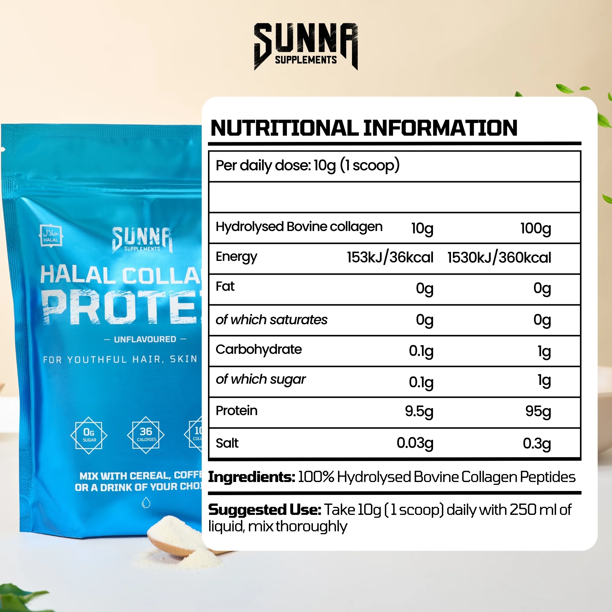 Blue collagen protein package with nutritional information table on the right.