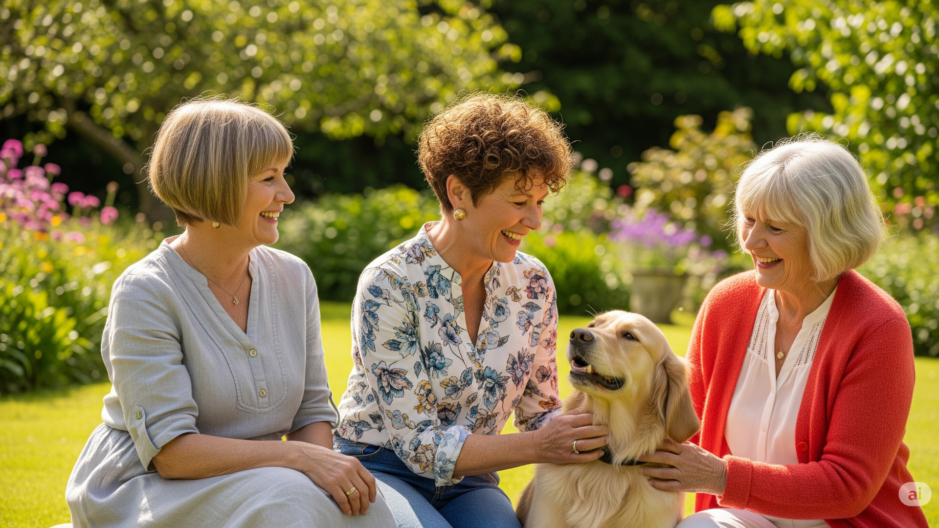 Three women sitting on grass, smiling with a golden retriever in a garden.