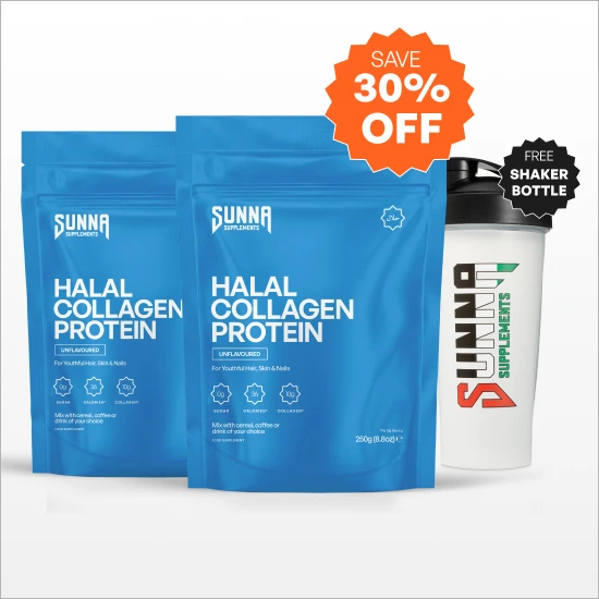 Two blue pouches of Sunna Halal Collagen Protein next to a white branded shaker bottle.