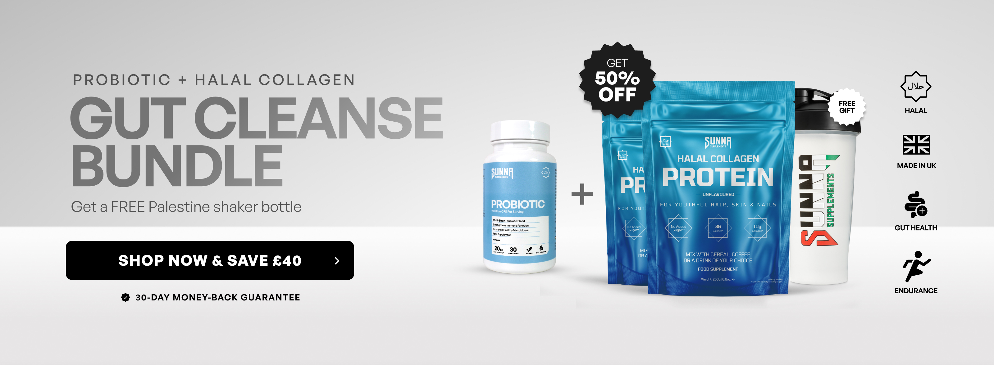 Probiotic and protein supplement bundle with shaker bottle, offering 50% off and free gift.