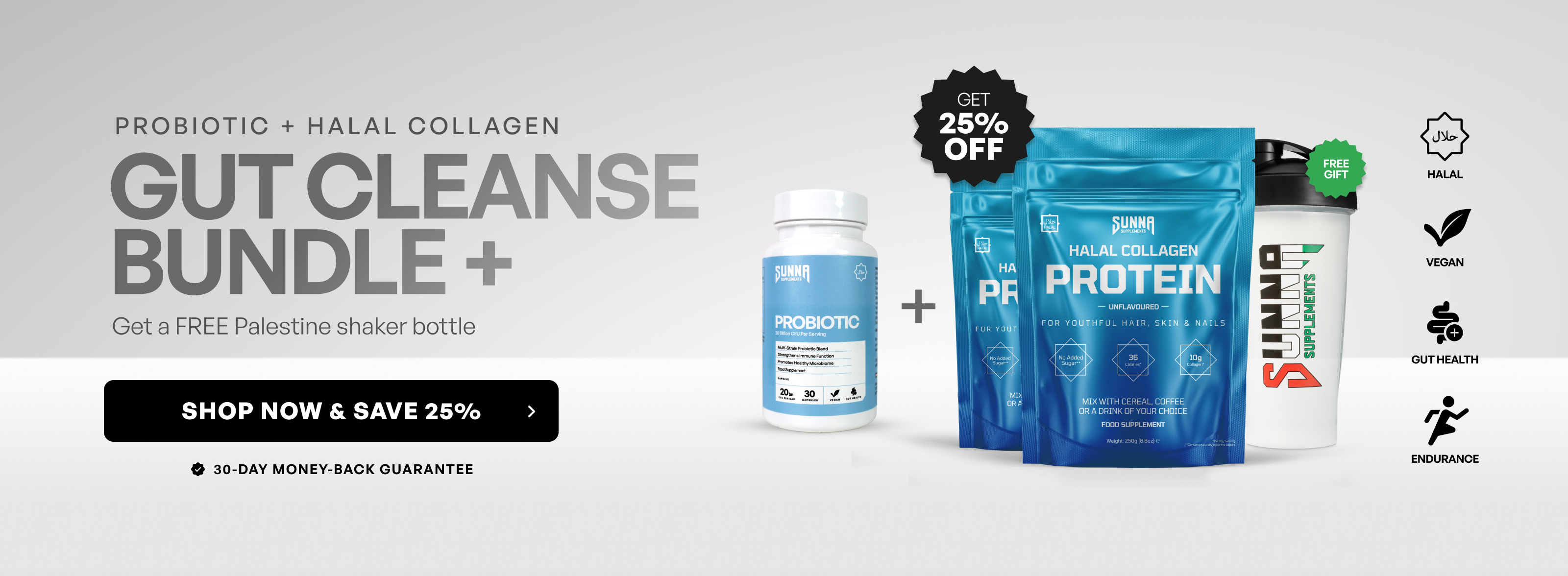 Probiotic and halal collagen protein bundle with shaker bottle, promoting gut health and endurance.