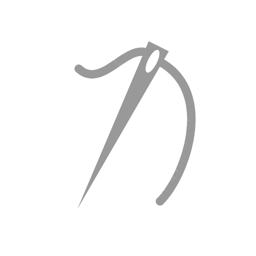 A gray icon of a sewing needle with a curved thread passing through its eye on a white background.