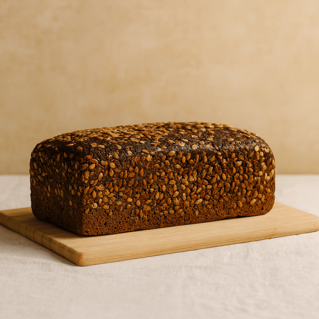 Loaf of seeded bread on a wooden cutting board.