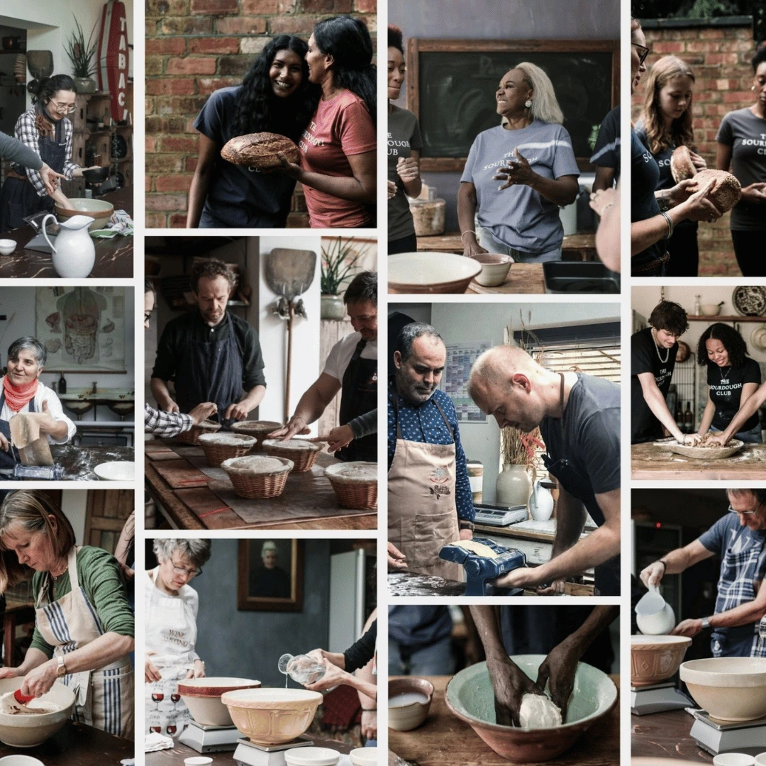 Collage of people baking bread, kneading dough, and preparing ingredients in a kitchen setting.