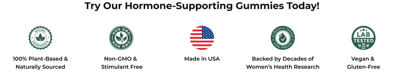 Five certification icons for gummies with associated text.