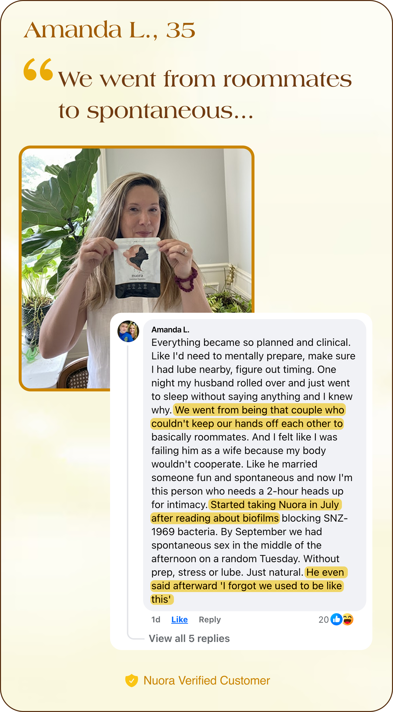 Woman holding a Nuora product package with a text testimonial below.