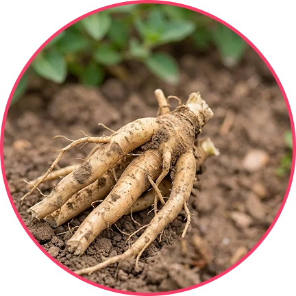 Ginseng roots on soil with green leaves in the background.
