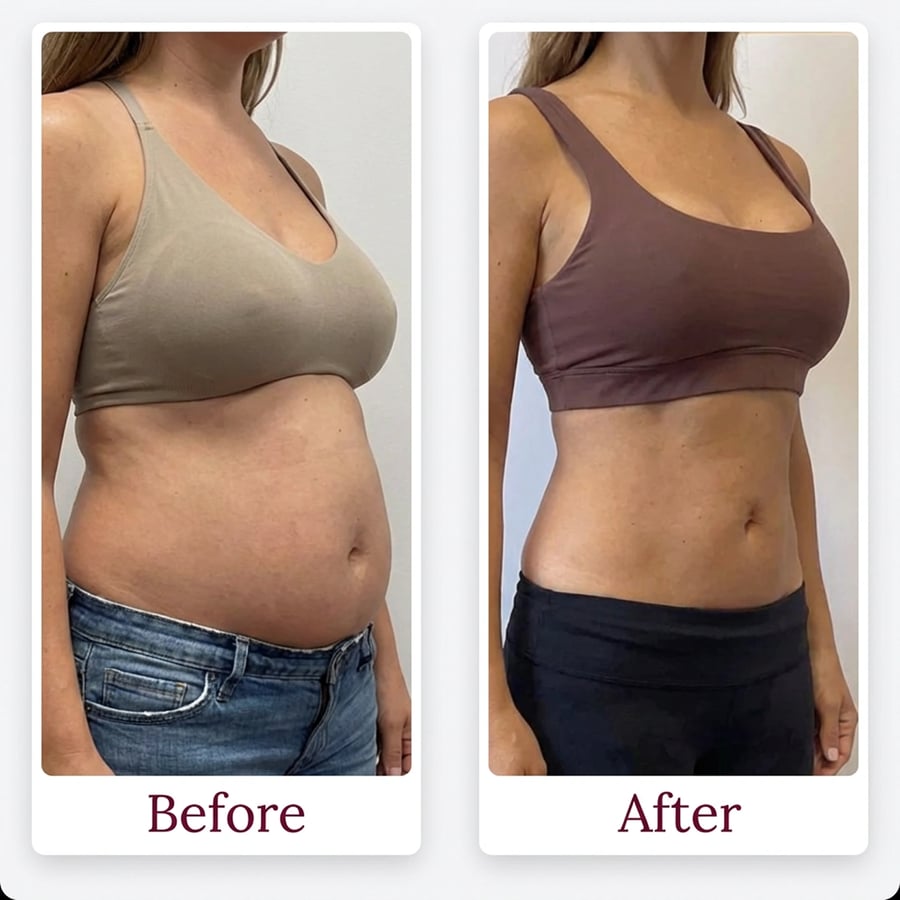 Customer photos taken before and after using Nuora Gut Ritual