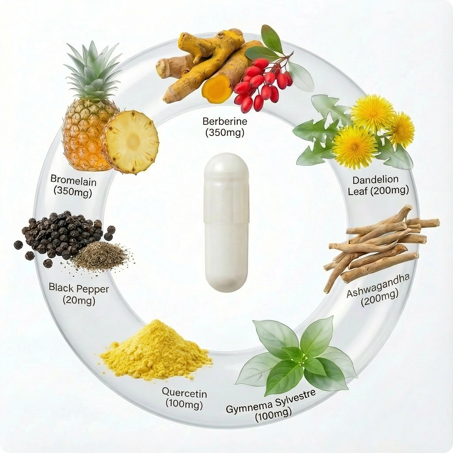 Various natural ingredients and a capsule in a circular arrangement with labeled dosages.