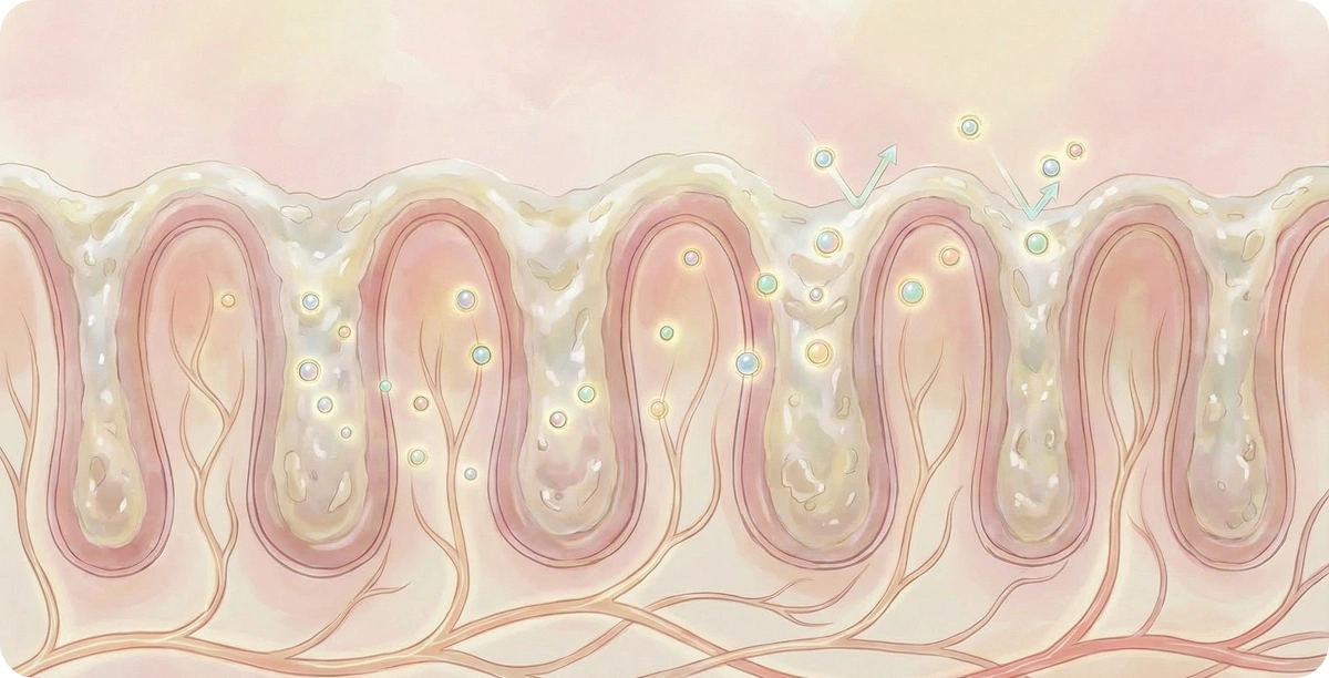 Medical illustration showing deteriorated intestinal villi in cross-section with irregular, damaged structures in pink and cream tones