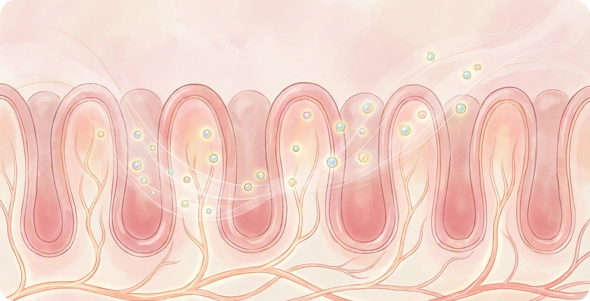 Medical illustration showing healthy intestinal villi in cross-section with clean, well-defined structures in pink and cream tones