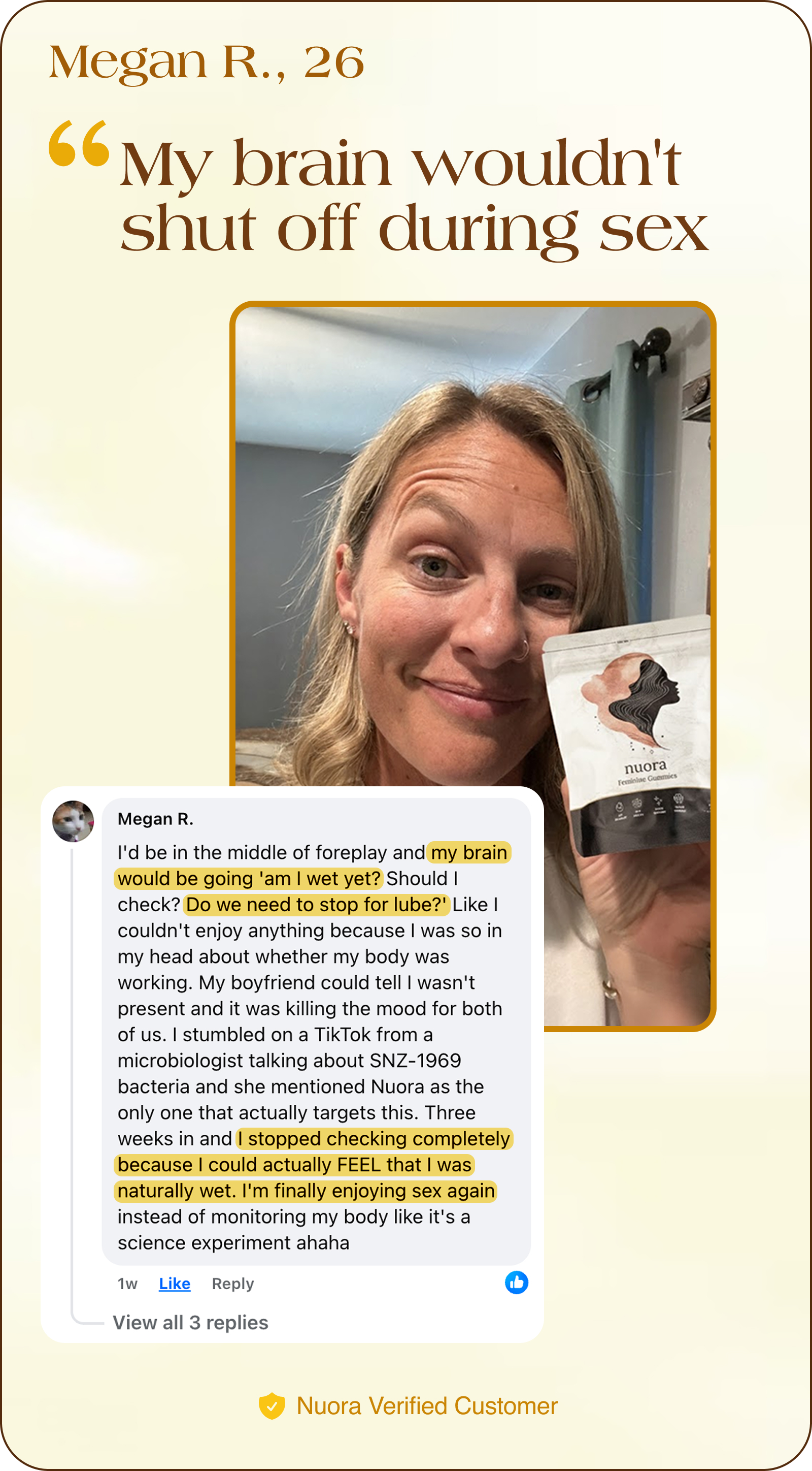 A woman holding a package of Nuora feminine cosmetics with a testimonial about the product.