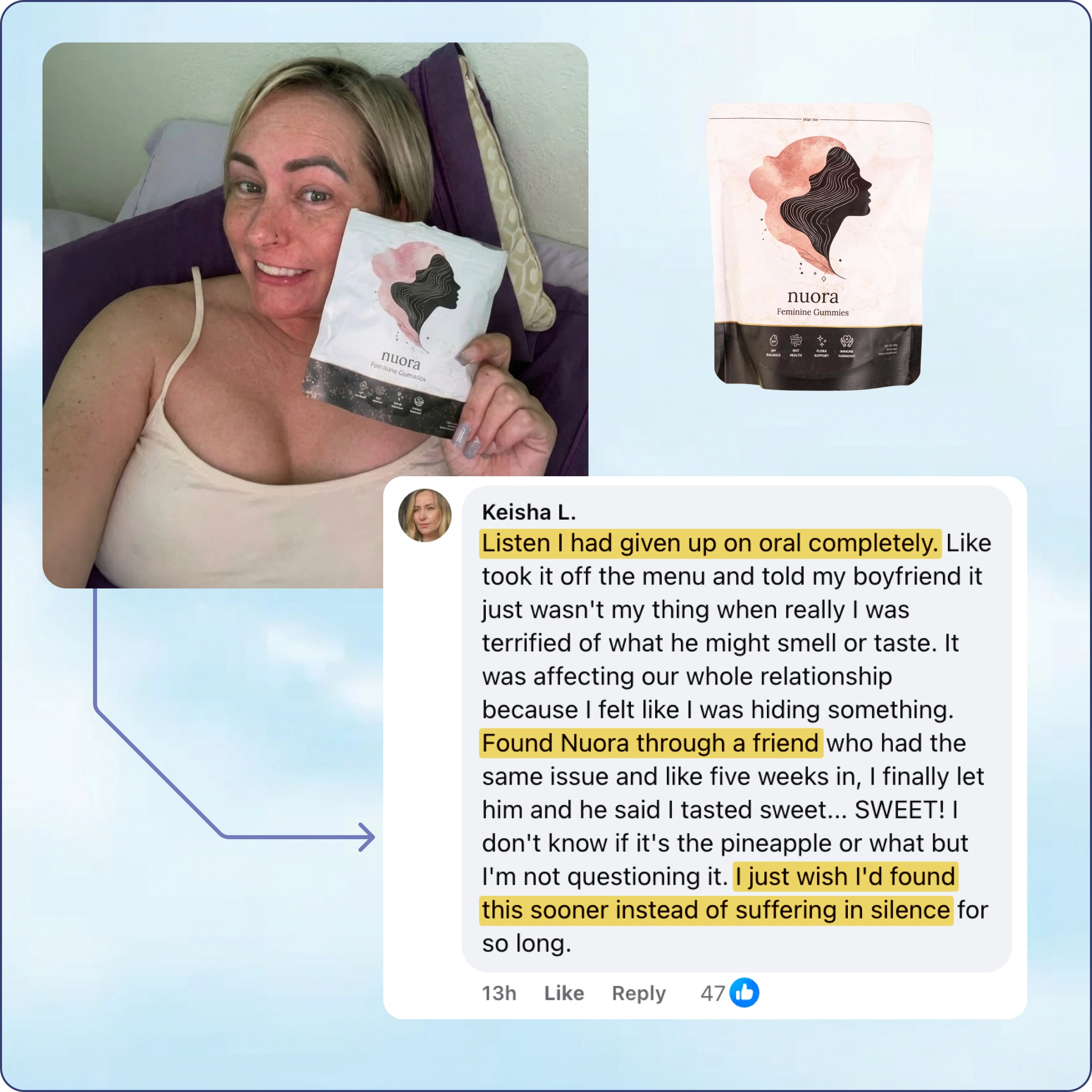 A customer testimonial graphic for Nuora Feminine Gummies, featuring a photo and written review from a user.
